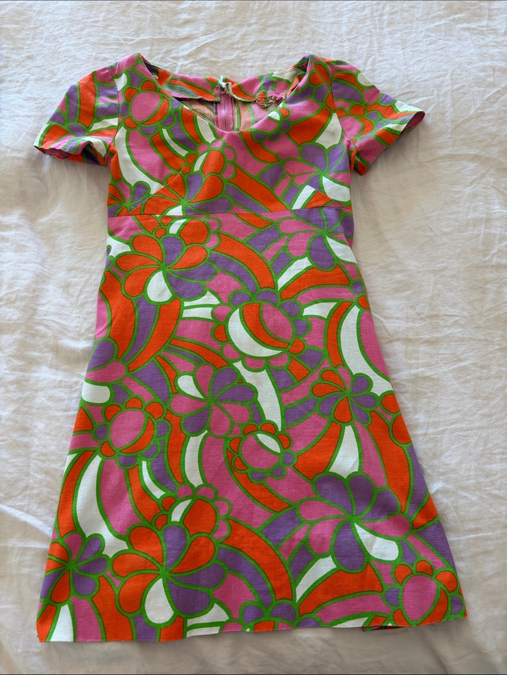 Handmade vintage Floral Shift Dress in bright Pink, Orange & Green